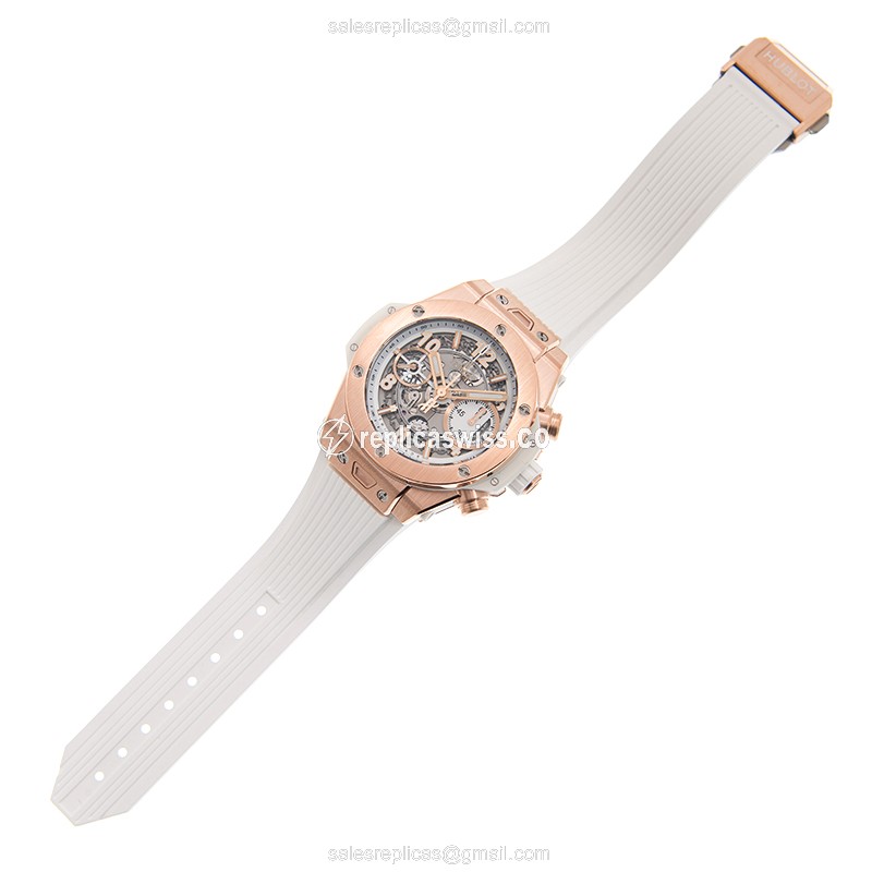 Hublot BIG BANG Replica - Automatic - 18kt Rose Gold - Skull Dial - White Rubber Strap - View 2