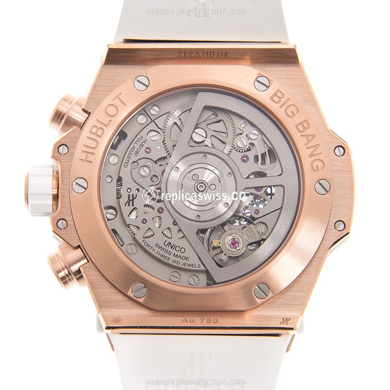 Hublot BIG BANG Replica - Automatic - 18kt Rose Gold - Skull Dial - White Rubber Strap - View 3