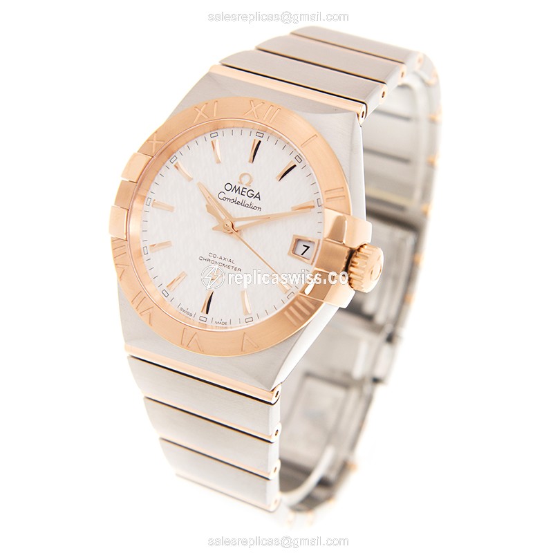 Omega Constellation Replica - Automatic - 18kt Rose Gold & Steel Case - White Dial - Gold Strap - View 3