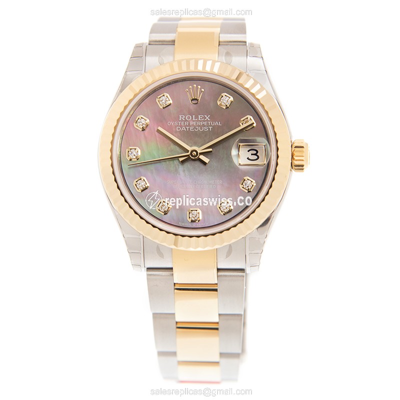 Rolex Datejust Replica - Automatic - 18kt Gold & Steel - Black Dial, Gold Clasp - View 2