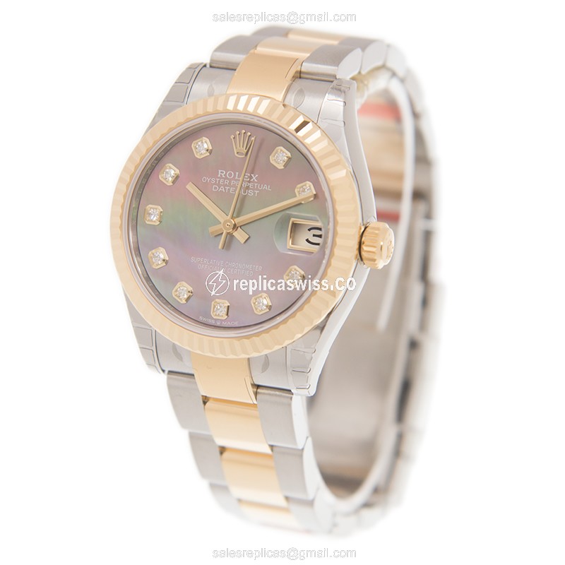 Rolex Datejust Replica - Automatic - 18kt Gold & Steel - Black Dial, Gold Clasp - View 3