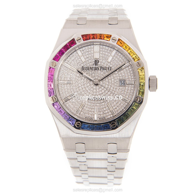 Audemars Piguet ROYAL OAK Replica - Automatic - 18kt White Gold - Ruby Dial - Silver - Gold Strap - View 2