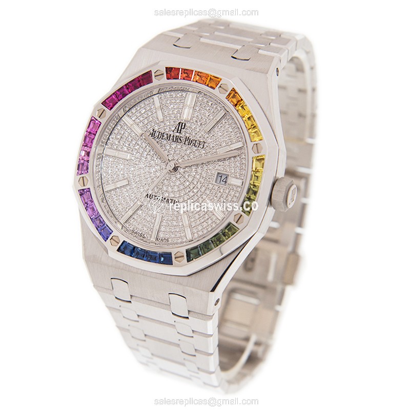 Audemars Piguet ROYAL OAK Replica - Automatic - 18kt White Gold - Ruby Dial - Silver - Gold Strap - View 3