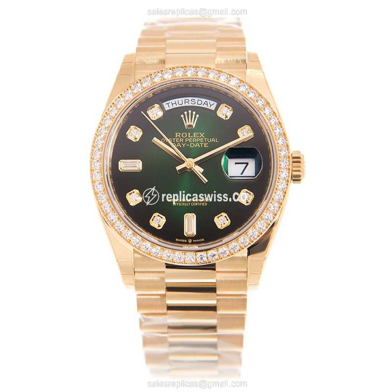 Rolex Day-Date Replica - Automatic - Green Dial, Gold Case, Gold & Diamond - View 2