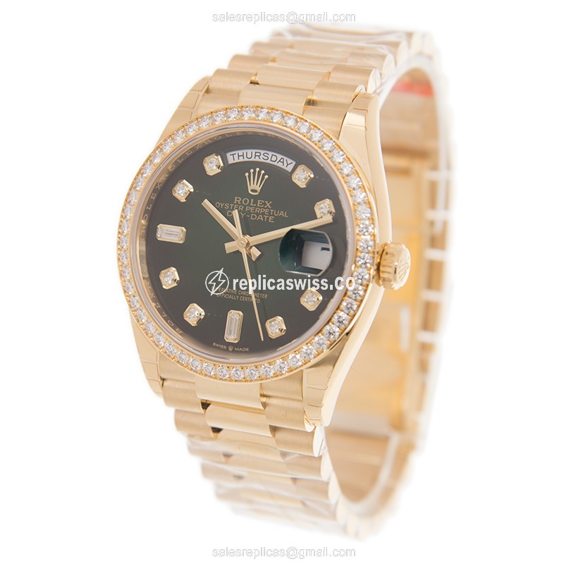 Rolex Day-Date Replica - Automatic - Green Dial, Gold Case, Gold & Diamond - View 3