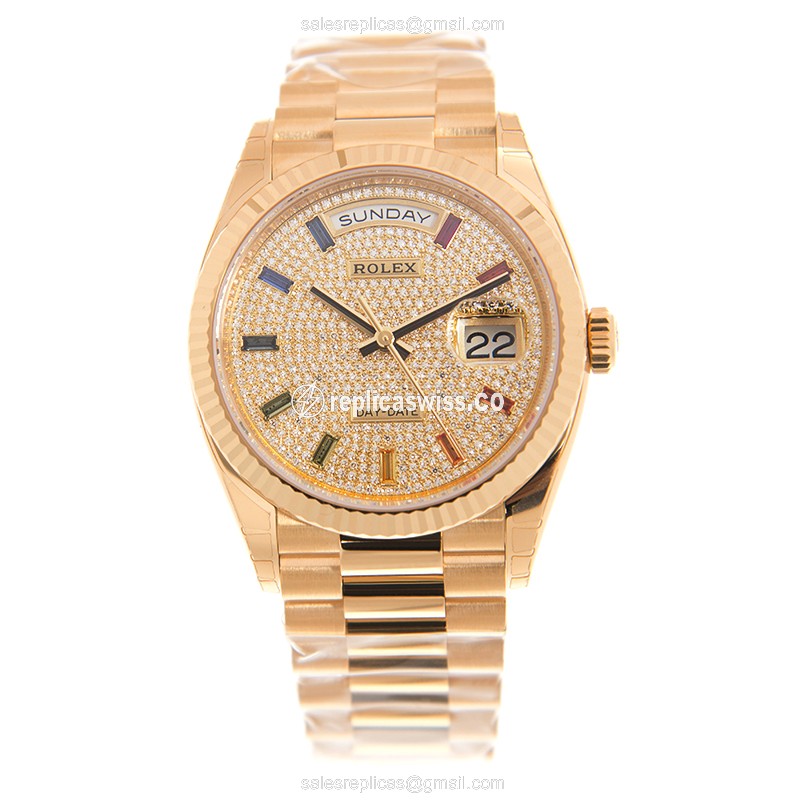 Rolex DAY-DATE Replica - Automatic - 18kt Gold Case - Silver Dial, Gold Strap - View 2