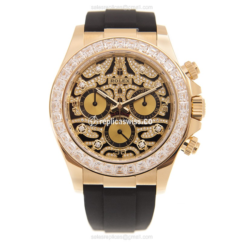 Rolex Daytona Replica Gold Case, Diamond - Automatic - Gold Dial - Rubber Strap - View 2