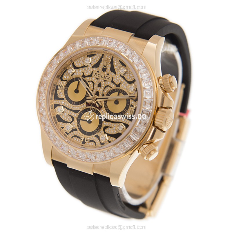Rolex Daytona Replica Gold Case, Diamond - Automatic - Gold Dial - Rubber Strap - View 3