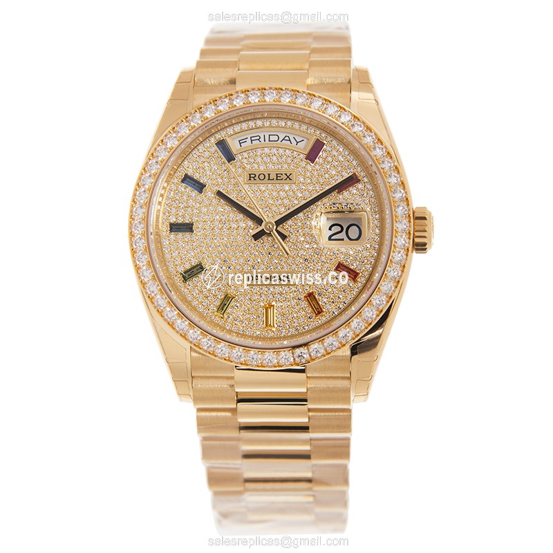 Rolex DAY-DATE Replica - Automatic - 18kt Gold Case - Silver Dial, Diamond Bezel - View 2