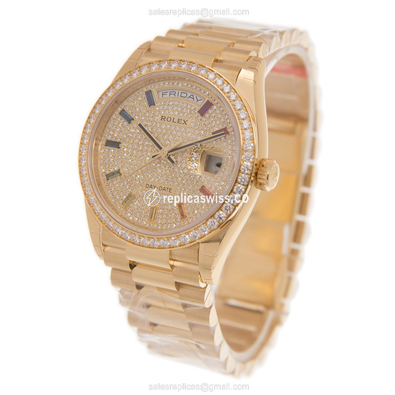 Rolex DAY-DATE Replica - Automatic - 18kt Gold Case - Silver Dial, Diamond Bezel - View 3