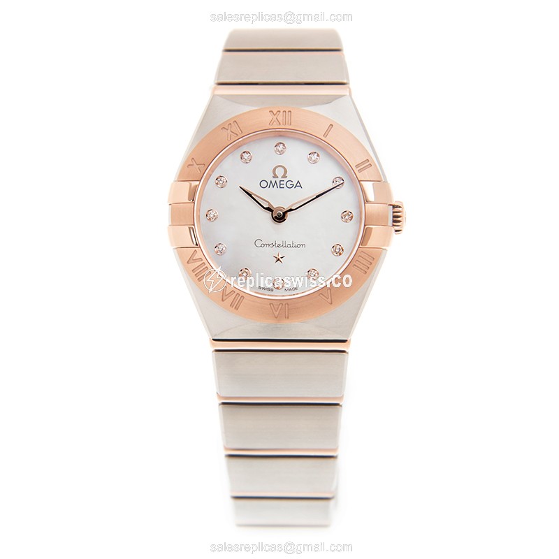 Omega Constellation Quartz - 18kt Rose Gold/Steel - White Dial, Gold Strap - View 2