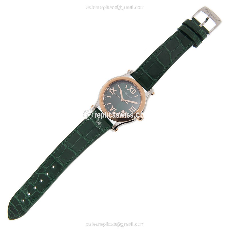 Chopard Happy Sport Quartz 18kt Rose - Green Dial - Diamond Case - Green Leather Strap - Buckle Clasp - View 2