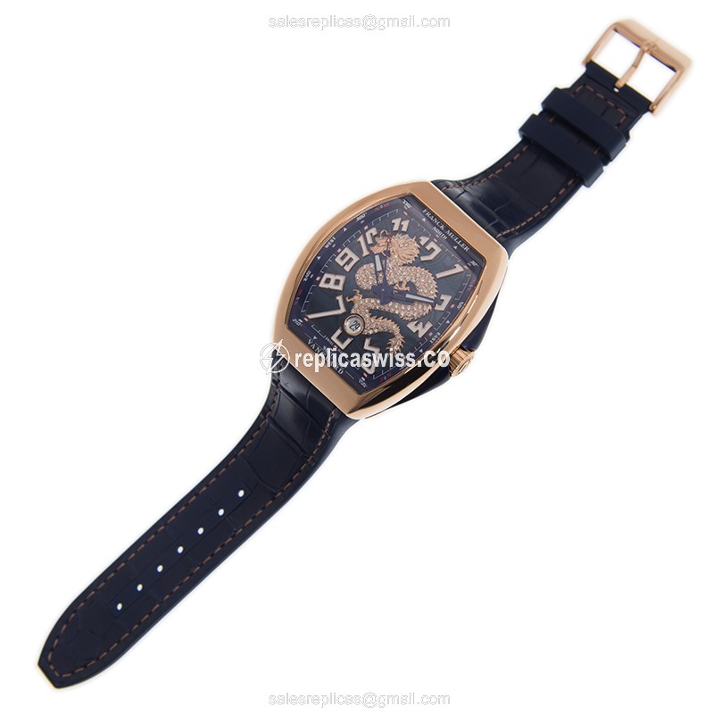 Franck Muller V 45 SC DT DIA DRAGON KING 18kt Rose Gold - Auto - Silver Dial - Blue Leather Strap - View 2
