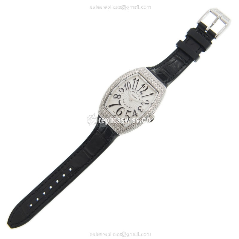Franck Muller V32 QZ D Quartz - Diamond Case - White Dial - Black Leather Strap - View 2
