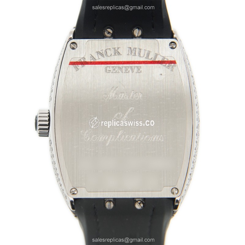 Franck Muller V32 QZ D Quartz - Diamond Case - White Dial - Black Leather Strap - View 3