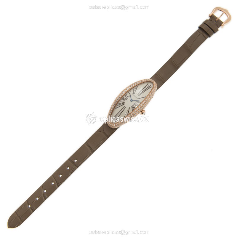 Cartier BAIGNOIRE Replica - Automatic - 18kt Rose Gold - Diamond Set - Silver Dial - Alligator Grey Strap - Buckle Clasp - View 2
