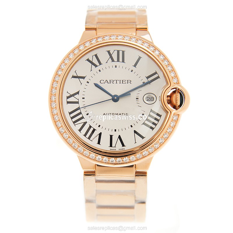 Cartier Ballon Bleu Replica - Automatic - 18kt Rose Gold - Diamond Dial - White - Gold Clasp & Strap - View 2