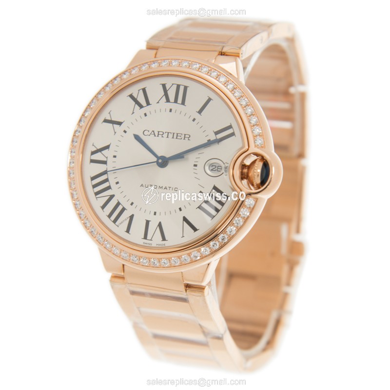 Cartier Ballon Bleu Replica - Automatic - 18kt Rose Gold - Diamond Dial - White - Gold Clasp & Strap - View 3