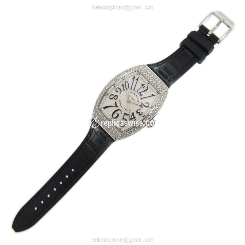 Franck Muller V32 SC AT FO D - Automatic - White Dial - Diamonds - Leather Strap - View 2