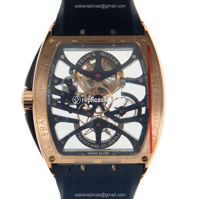 Franck Muller V 45 S6 SQT YACHTING ANC Manual Wind 18kt Rose Gold - Skull Dial, Leather Blue Strap - View 3