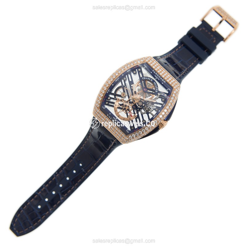 Franck Muller V 45 S6 SQT D YACHTING 5N.BL Replica - Manual Wind - 18kt Gold & Diamonds - Skull Dial - Blue Leather Strap - View 2