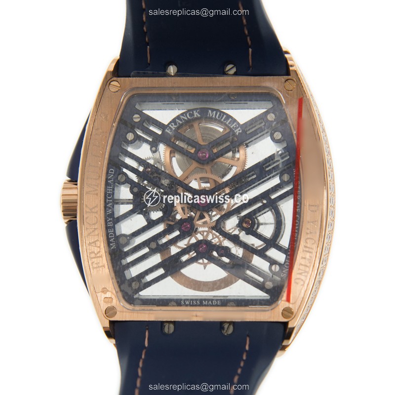 Franck Muller V 45 S6 SQT D YACHTING 5N.BL Replica - Manual Wind - 18kt Gold & Diamonds - Skull Dial - Blue Leather Strap - View 3