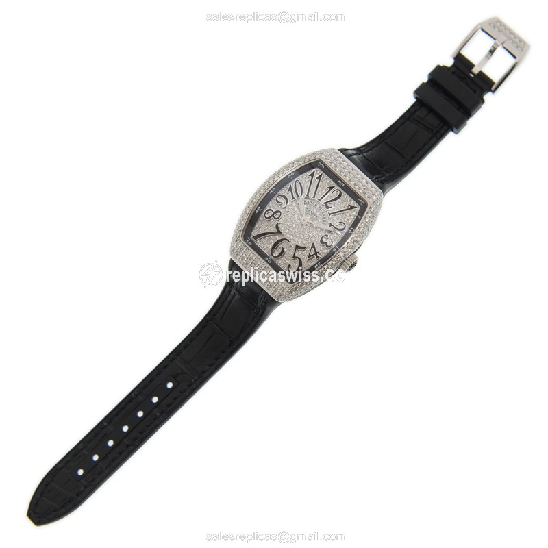 Franck Muller V 32 QZ D CD Vanguard Quartz - Silver Dial on Black Leather Strap - View 2