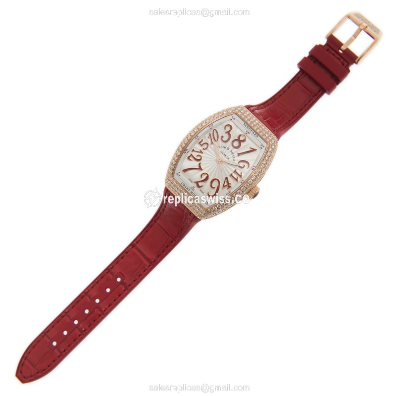 Franck Muller V32 CH D - 18kt Rose Gold & Diamond - Automatic - White Dial - Red Rubber Strap - View 2
