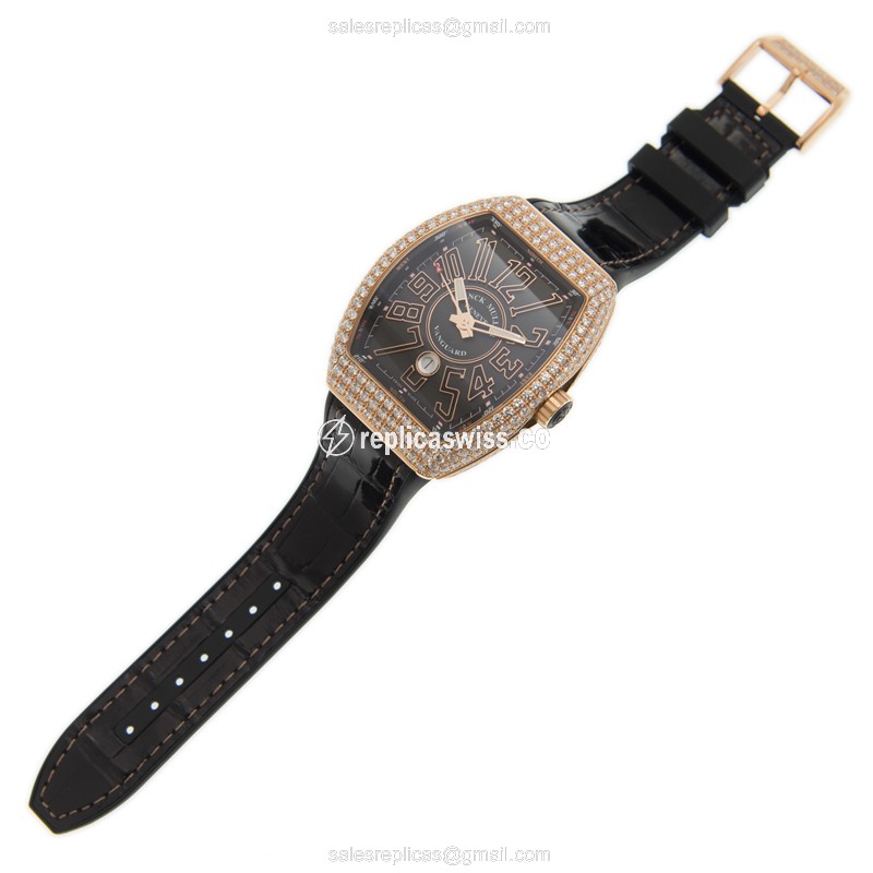 Franck Muller V 45 SC DT D 18kt Rose Gold Diamond Auto Black Dial Buckle Leather Strap - View 2