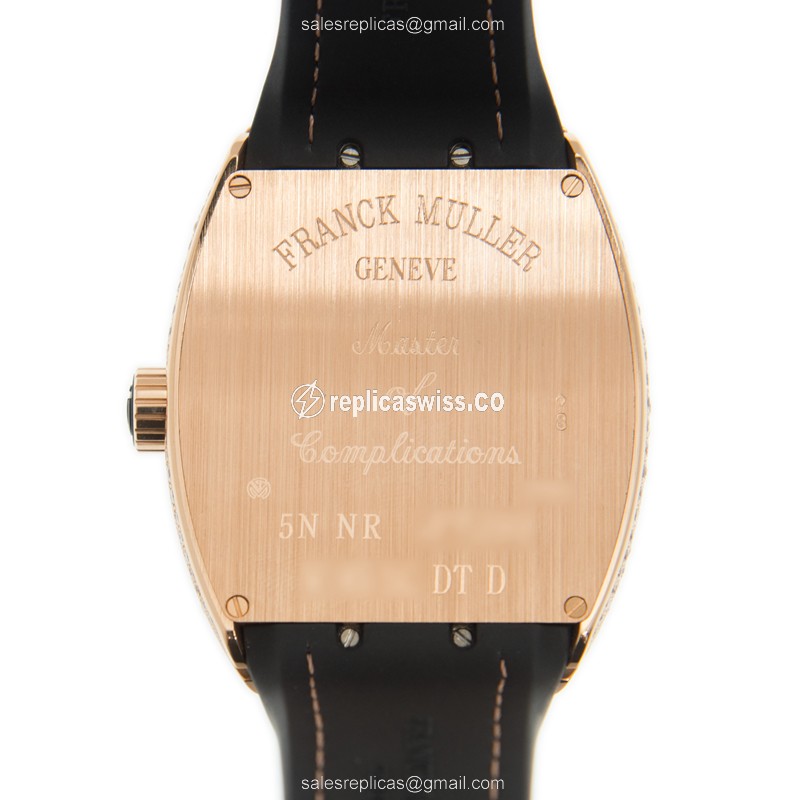 Franck Muller V 45 SC DT D 18kt Rose Gold Diamond Auto Black Dial Buckle Leather Strap - View 3