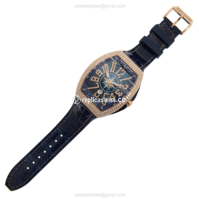 Franck Muller V 45 SC DT D NBR CD YACHTING 5N.BL Replica - Automatic - Rose Gold Case - Blue Dial - Leather Strap - View 2