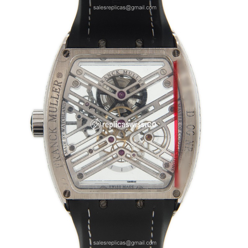Franck Muller V 45 S6 SQT D OG.NR - Manual Wind - 18kt White Gold - Diamond Skull Dial - Black Leather Strap - View 3