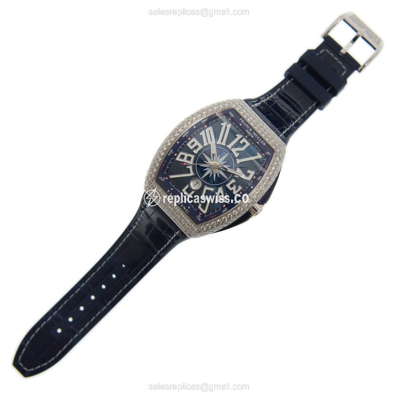 Franck Muller V 45 SC DT D YACHTING - Automatic - Diamond Case - Blue Dial - Leather Strap - Blue Buckle - View 2