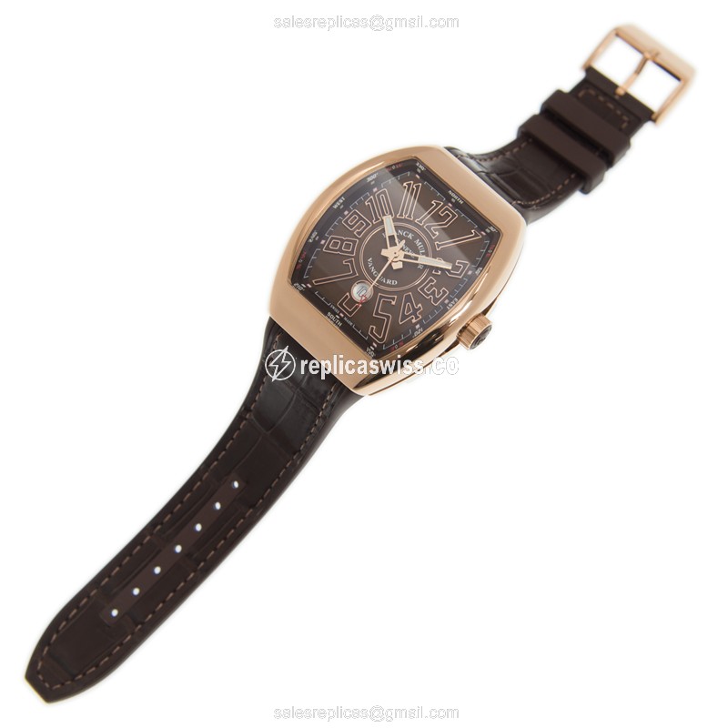 Franck Muller V45 SC DT - Vanguard Auto - 18kt Rose Gold - Brown Dial, Brown Leather Strap - View 2