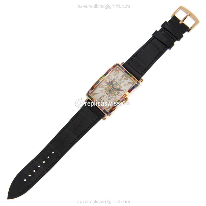 Franck Muller 952 QZ REL QTR SAI BAG 1P BAG 5N LONG ISLAND Replica - Quartz - 18kt Gold - Diamond Bezel - Black Dial - Leather Strap - View 2