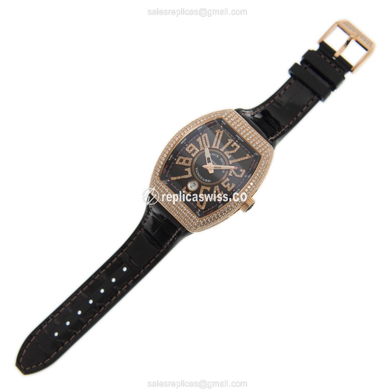 Franck Muller Vanguard - 18kt Rose Gold - Diamonds - Automatic - Black Dial - Leather Strap - View 2