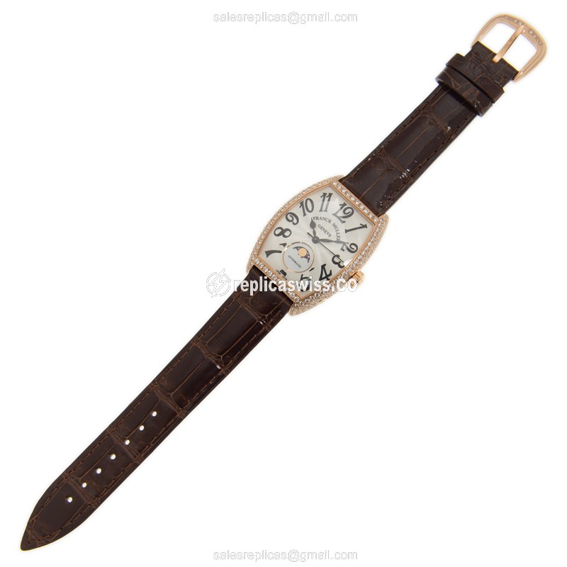 Franck Muller 2850 SC AT FO L D 5N Replica - Automatic - 18kt Rose Gold Case - White Dial on Brown Leather Strap - View 2