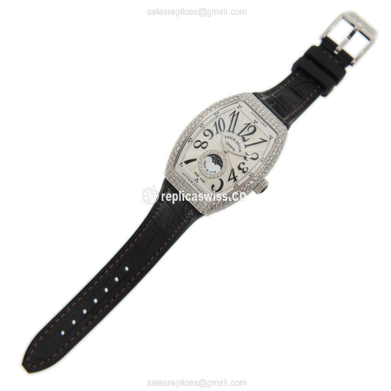 Franck Muller V32SC AT FO L D CD 1R Replica - Automatic - Stainless Steel Case - Diamond Accents - Silver Dial - Leather Black Strap - Buckle Clasp - View 2