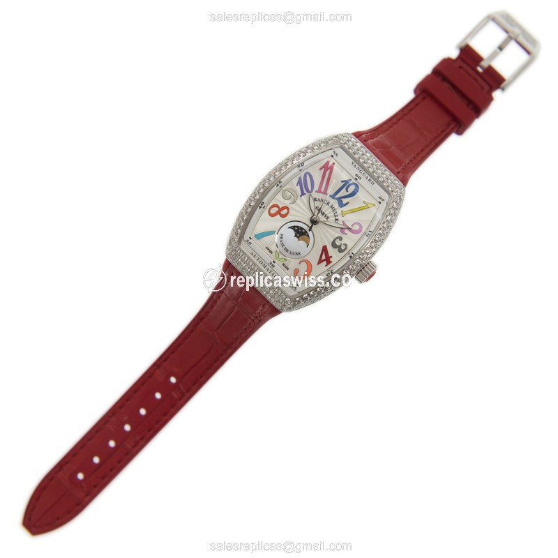 Franck Muller V32 SC AT FO L D COL DRM Replica - Automatic - Diamonds Case - Silver Dial - Red Rubber Strap - View 2
