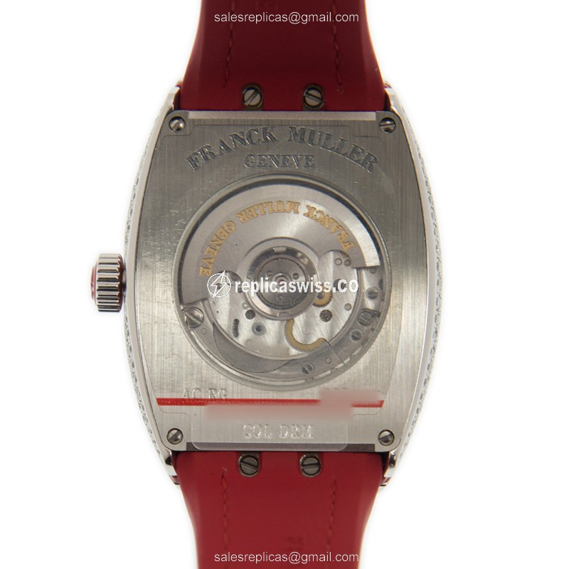 Franck Muller V32 SC AT FO L D COL DRM Replica - Automatic - Diamonds Case - Silver Dial - Red Rubber Strap - View 3