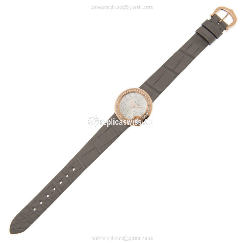 Cartier Ballon Blanc Quartz Replica - 18kt Rose Gold - Diamonds - Silver Dial - Grey Alligator Buckle - View 2