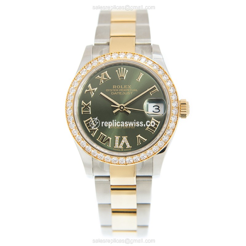 Rolex Datejust Replica - Automatic - 18kt Gold Case - Green Dial on Gold Steel Strap - View 2