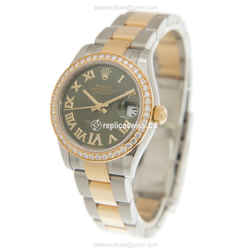 Rolex Datejust Replica - Automatic - 18kt Gold Case - Green Dial on Gold Steel Strap - View 3