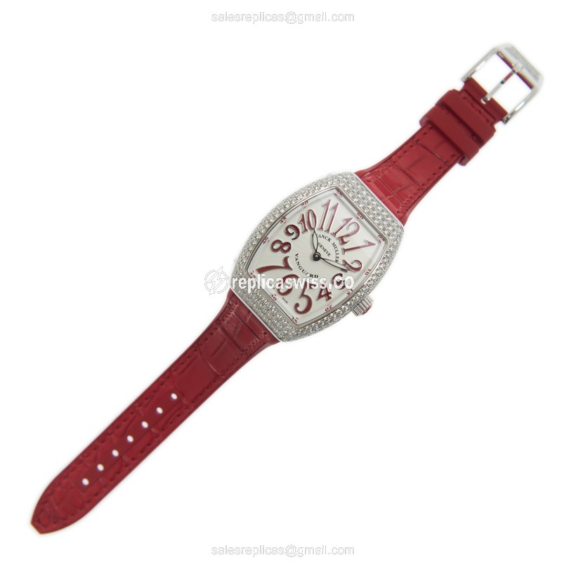 Franck Muller V32QZ D Quartz - Diamond Case - White Dial - Red Leather Strap - View 2