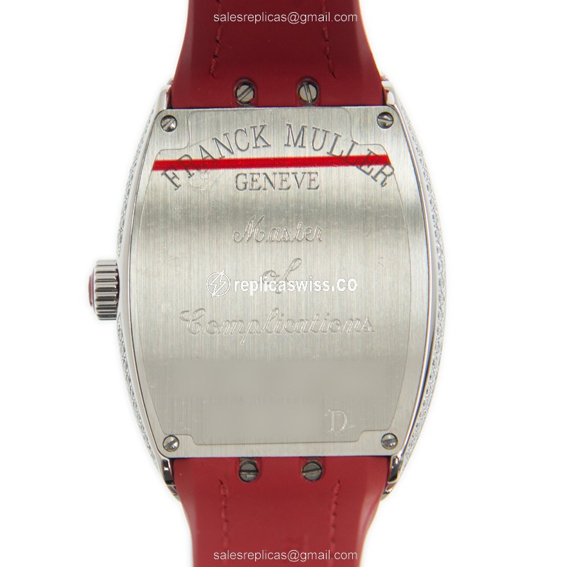 Franck Muller V32QZ D Quartz - Diamond Case - White Dial - Red Leather Strap - View 4