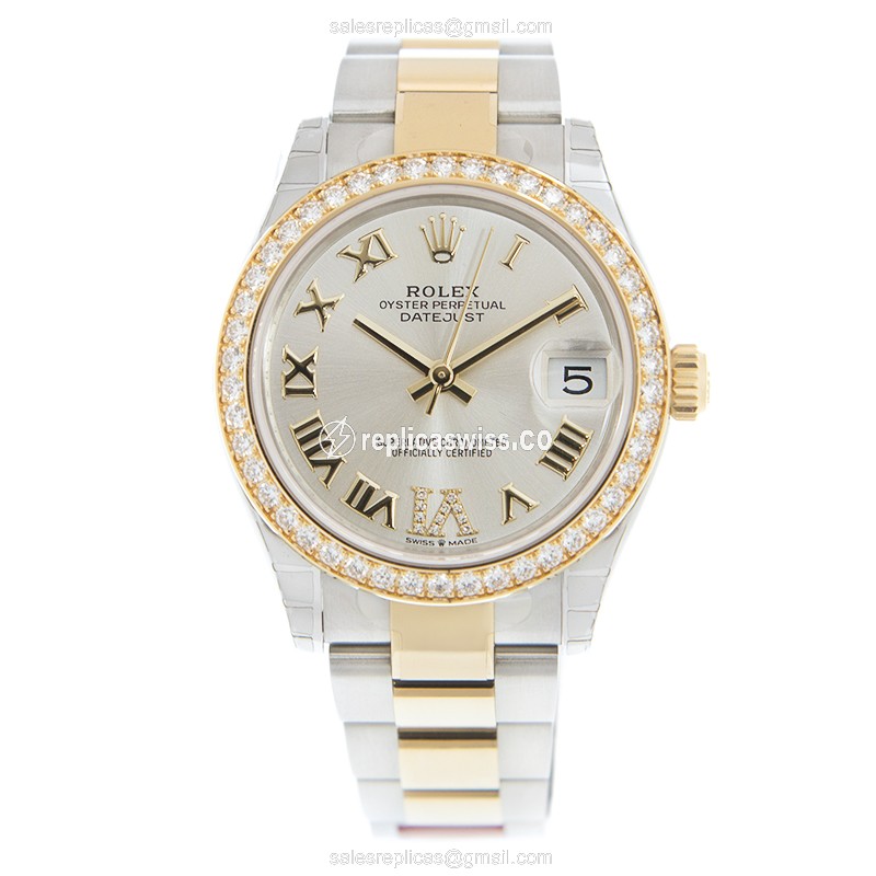 Rolex DATEJUST Replica - Automatic - 18kt Gold & Diamond - Steel Case - Silver Dial - View 2