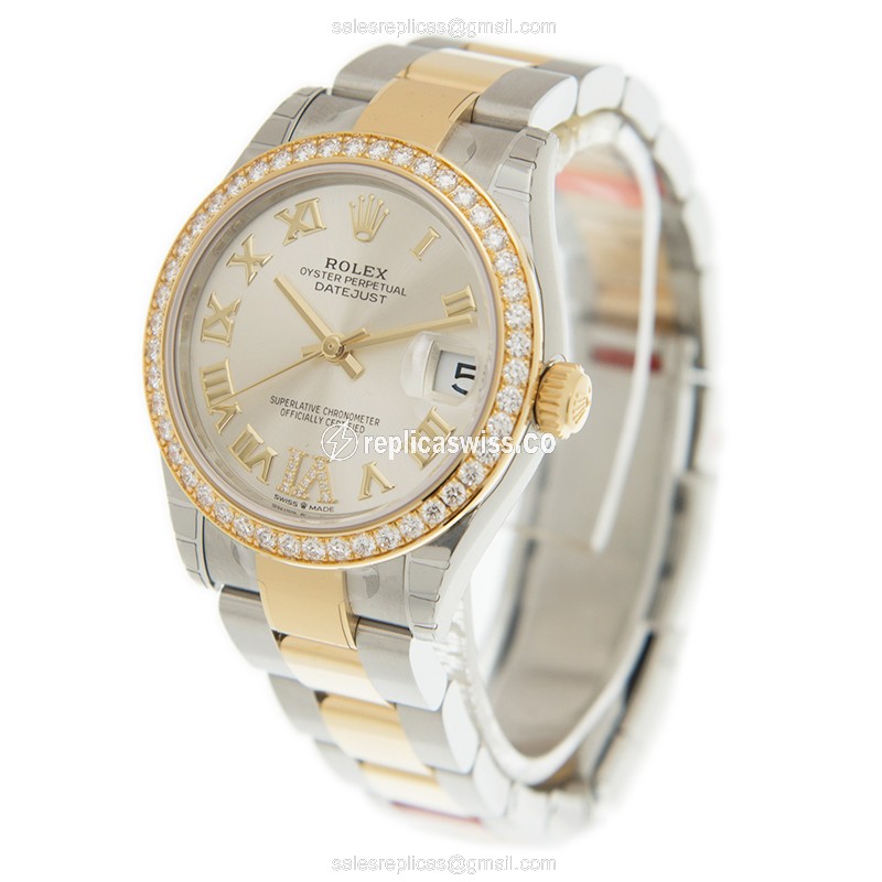 Rolex DATEJUST Replica - Automatic - 18kt Gold & Diamond - Steel Case - Silver Dial - View 3