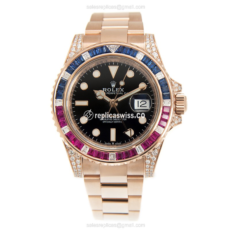 Rolex GMT-MASTER II Replica - Automatic - 18kt Rose Gold - Diamond Dial - Black - 40mm - View 2
