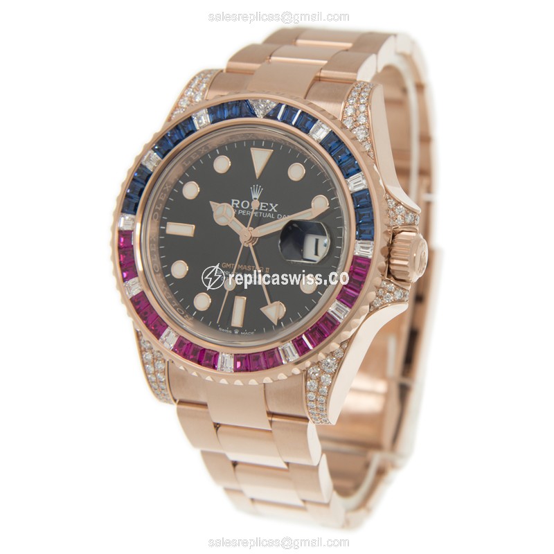 Rolex GMT-MASTER II Replica - Automatic - 18kt Rose Gold - Diamond Dial - Black - 40mm - View 3