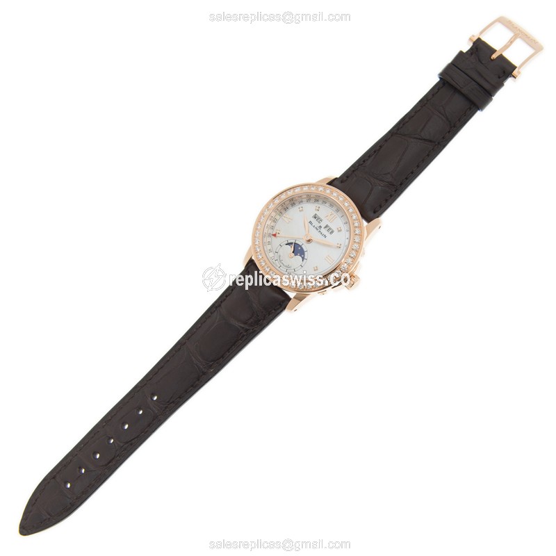 Blancpain 2360-2991A-55A Replica - Auto - 18kt Rose Gold - Diamonds - White Dial - Brown Alligator Buckle - View 2